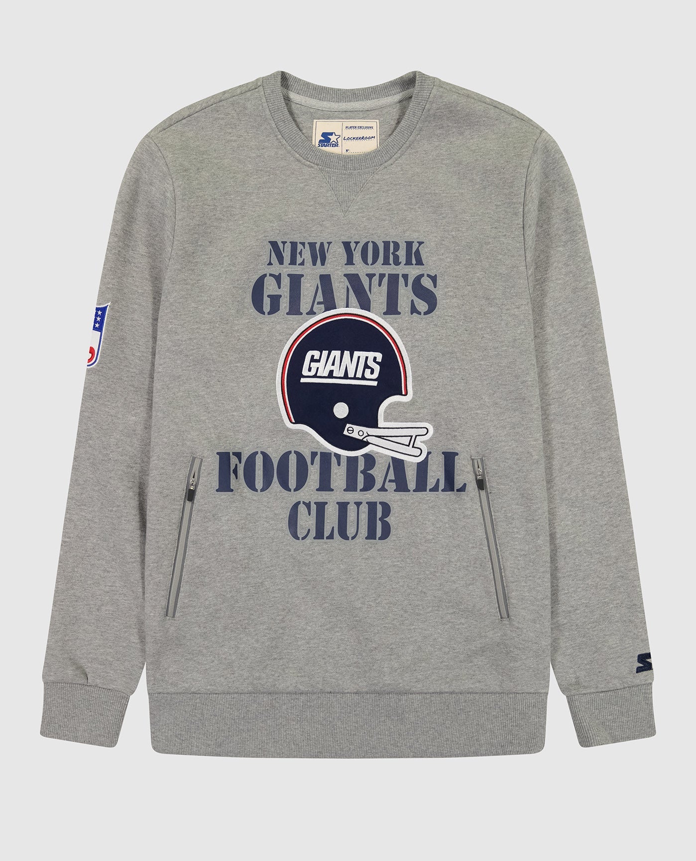 Front View of Starter Heather Grey New York Giants Crew Neck Sweatshirt With Zip Pockets | STR NEW YORK GIANTS HEATHER GREY