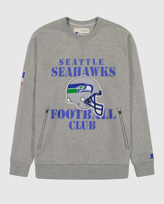 Front View of Starter Heather Grey Seattle Seahawks Crew Neck Sweatshirt With Zip Pockets | STR SEATTLE SEAHAWKS HEATHER GREY