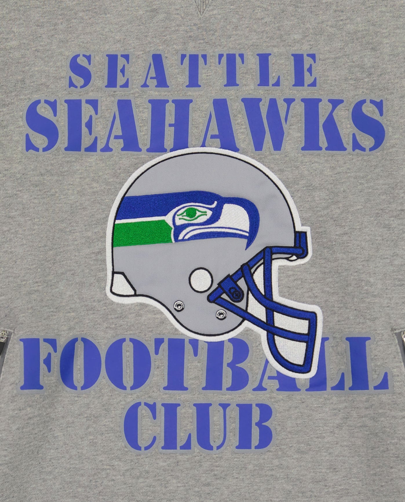 Side View of Starter Heather Grey Seattle Seahawks Crew Neck Sweatshirt With Zip Pockets | STR SEATTLE SEAHAWKS HEATHER GREY