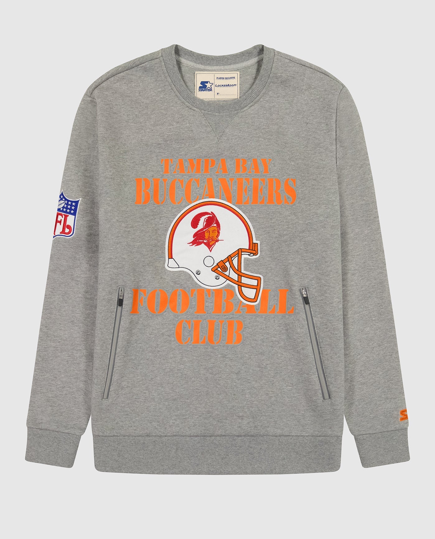 Front View of Starter Heather Grey Tampa Bay Buccaneers Crew Neck Sweatshirt With Zip Pockets | STR TAMPA BAY BUCCANEERS HEATHER GREY