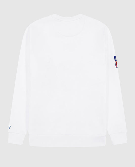 Back View of Starter White Los Angeles Chargers Crew Neck Sweatshirt With Zip Pockets | STR LOS ANGELES CHARGERS WHITE