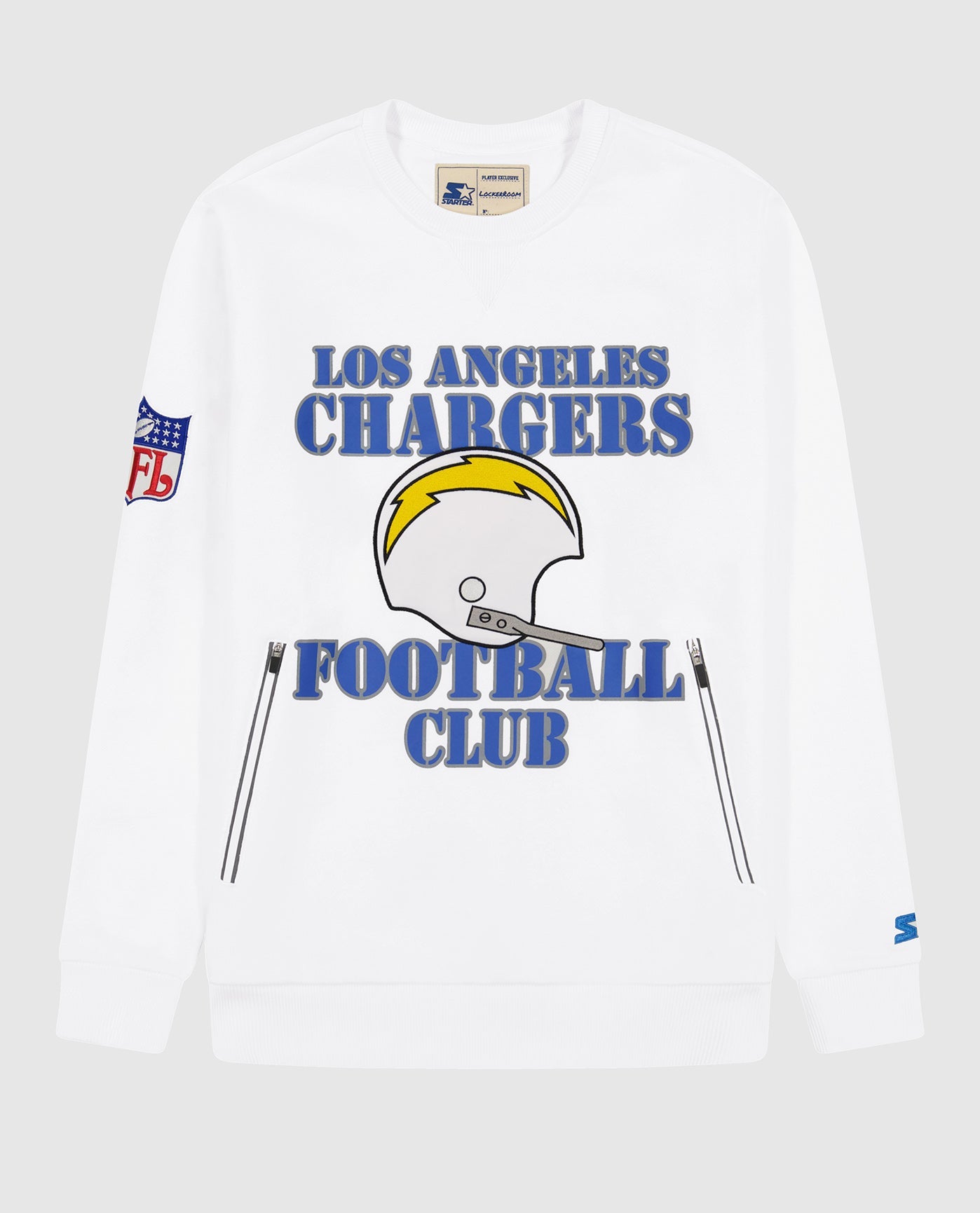 Front View of Starter White Los Angeles Chargers Crew Neck Sweatshirt With Zip Pockets | STR LOS ANGELES CHARGERS WHITE