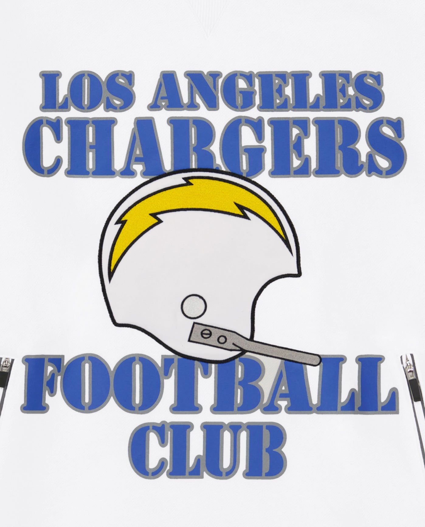 Side View of Starter White Los Angeles Chargers Crew Neck Sweatshirt With Zip Pockets | STR LOS ANGELES CHARGERS WHITE