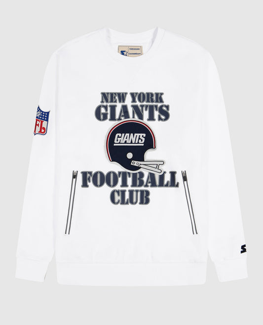 Front View of Starter White New York Giants Crew Neck Sweatshirt With Zip Pockets | STR NEW YORK GIANTS WHITE