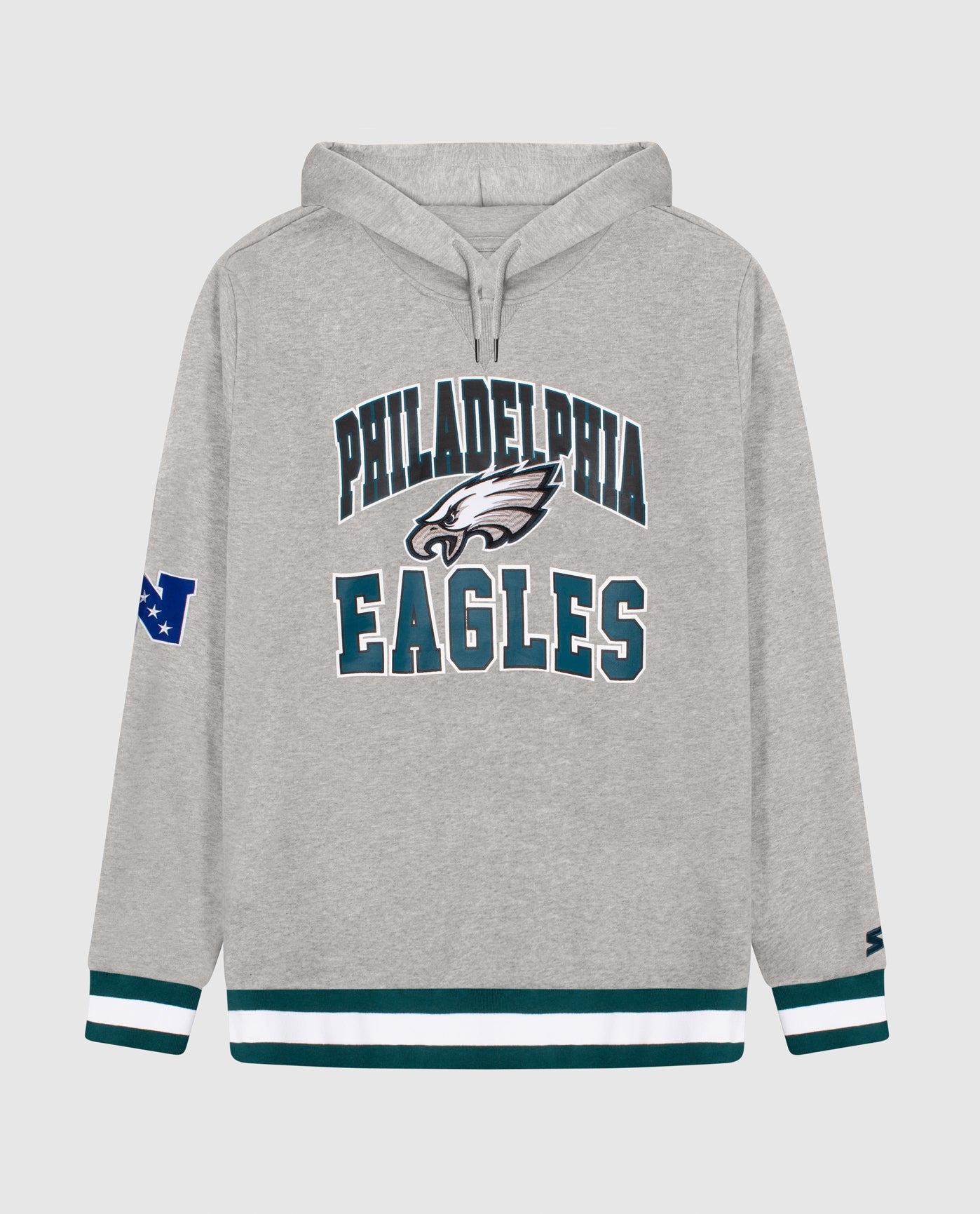 Front View of Starter Heather Grey Philadelphia Eagles Knit Hoodie Starter Sweatshirt | STR PHILADELPHIA EAGLES HEATHER GREY