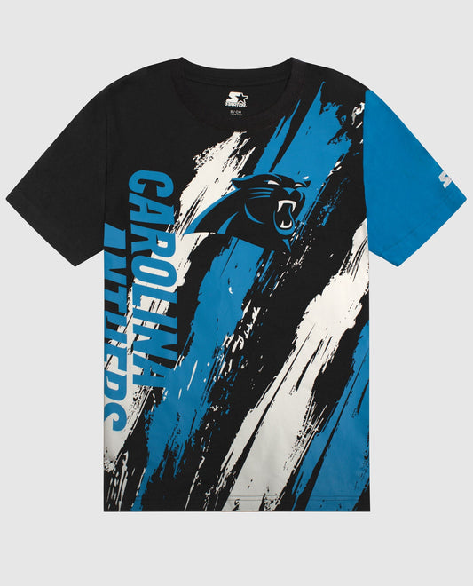 Front View of Starter Black Carolina Panthers Short Sleeve Crew Neck Starter Shirt | STR CAROLINA PANTHERS BLACK