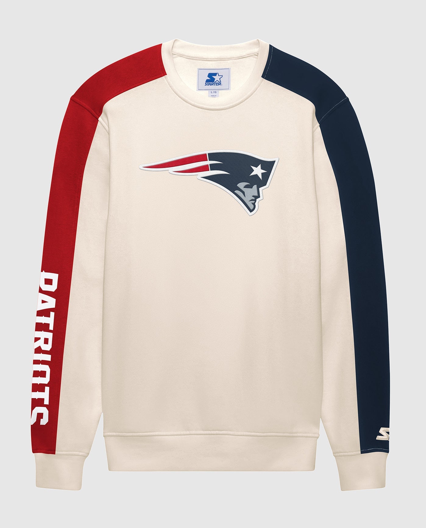 Front View of Starter Cream New England Patriots Team Crew Starter Long Sleeve Shirt | STR NEW ENGLAND PATRIOTS CREAM