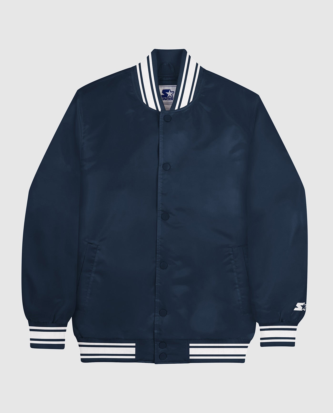 Front View of Starter Navy Starter Locker Room Full-Snap Satin Jacket Navy | STR NAVY