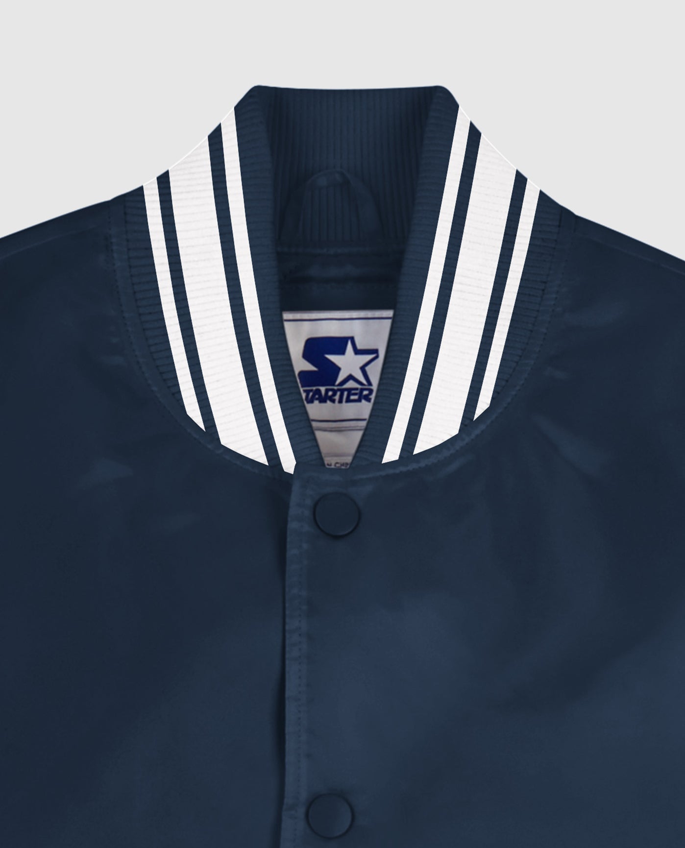 Detail View of Starter Navy Starter Locker Room Full-Snap Satin Jacket Navy | STR NAVY