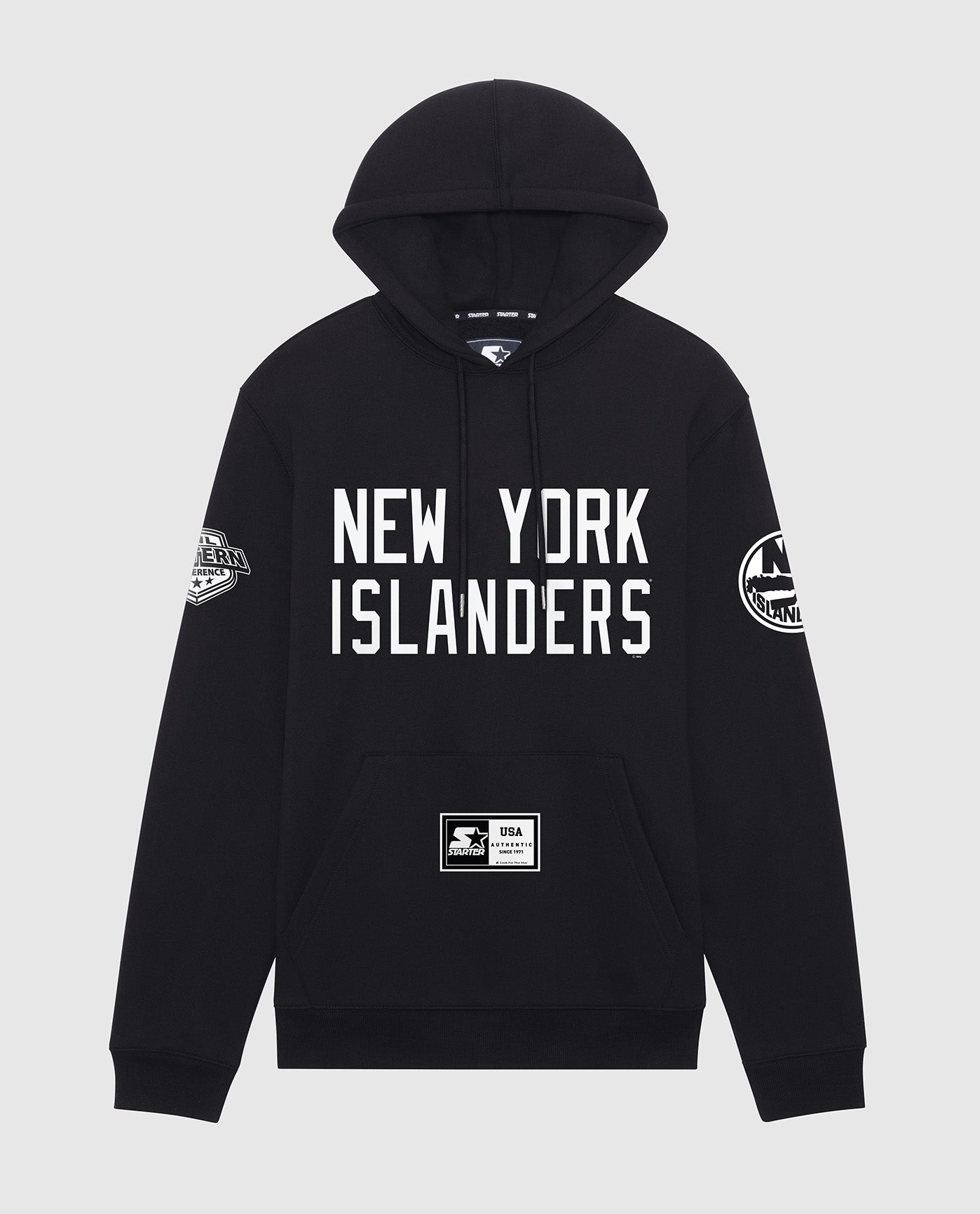 Front View of Starter Black New York Islanders Hat Trick Starter Hoodie | STR NEW YORK ISLANDERS BLACK