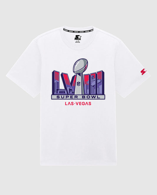 Front View of Starter White Super Bowl Lviii Shine Down Short Sleeve Starter Shirt | STR WHITE
