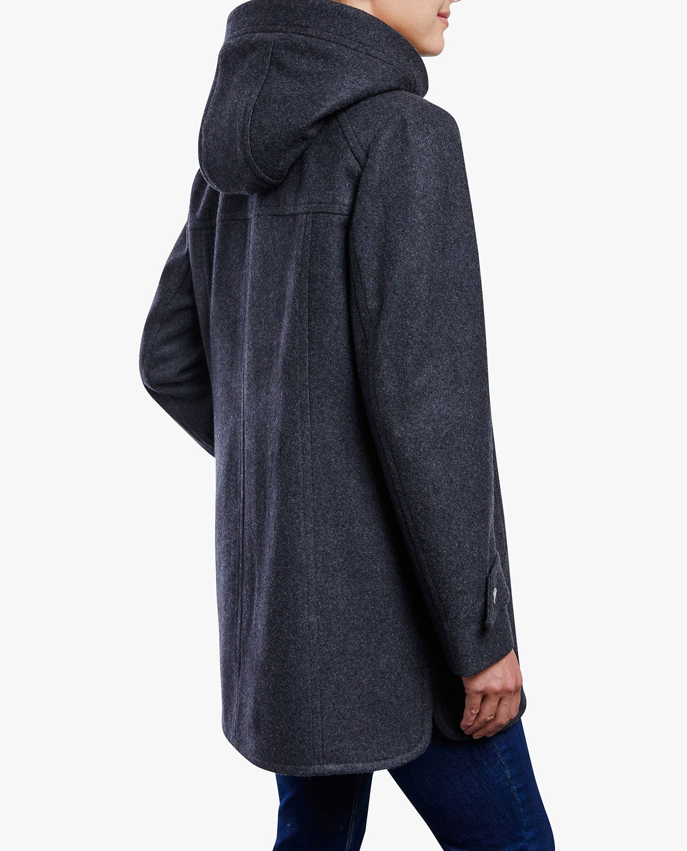 Back View of London Fog Zip-Front Sherpa Lined Hood 31" Wool Jacket | LF CHARCOAL