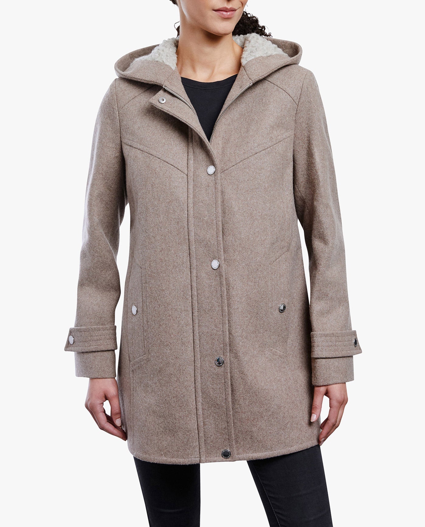 Front View of London Fog Zip-Front Sherpa Lined Hood 31" Wool Jacket | LF TAUPE HEATHER