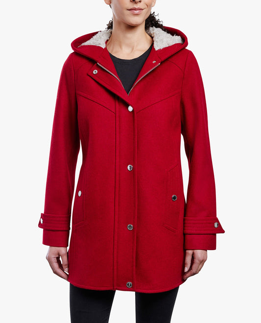 Front View of London Fog Zip-Front Sherpa Lined Hood 31" Wool Jacket | LF RED