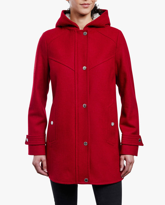 Alternate Front View of London Fog Zip-Front Sherpa Lined Hood 31" Wool Jacket | LF RED