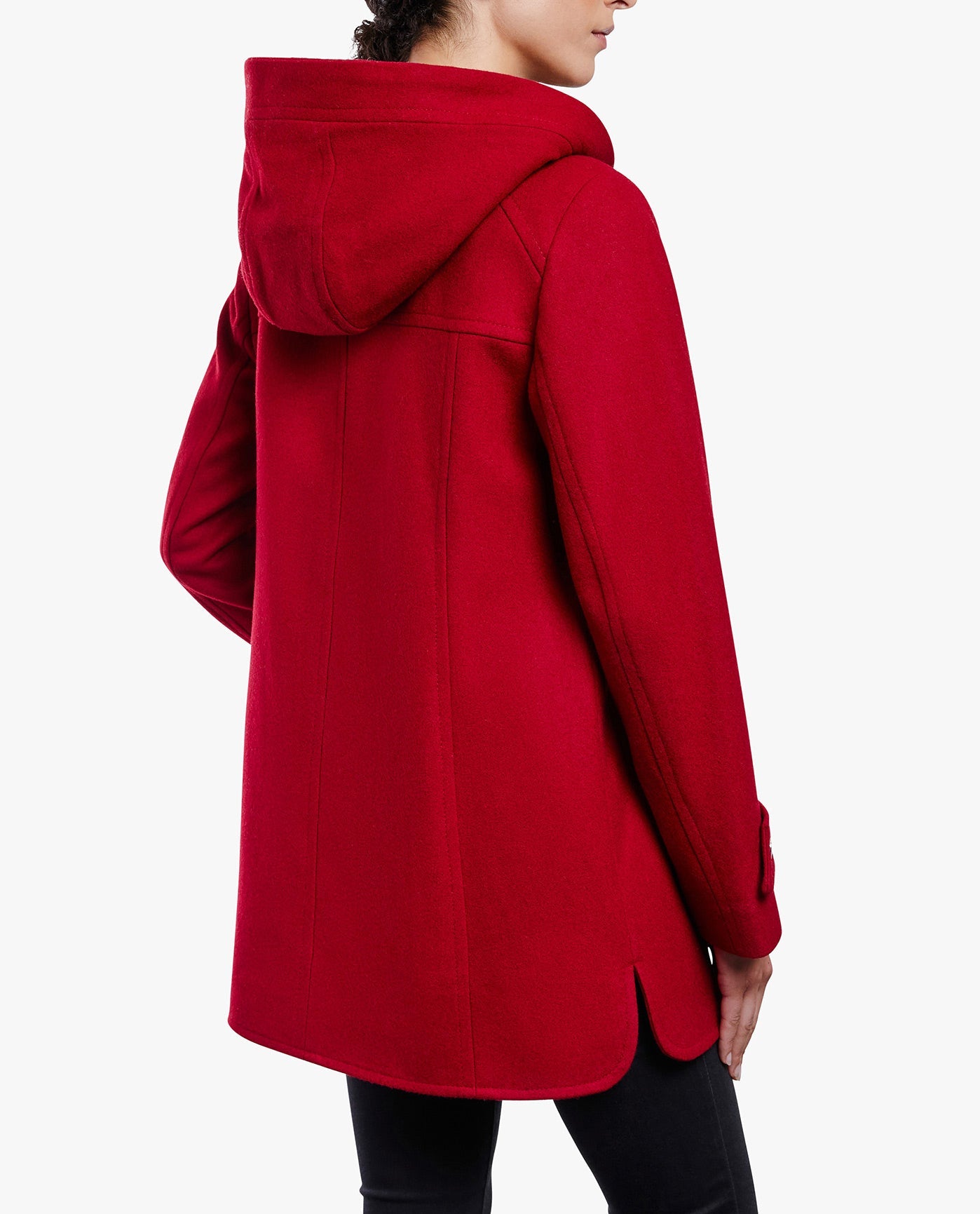 Back View of London Fog Zip-Front Sherpa Lined Hood 31" Wool Jacket | LF RED