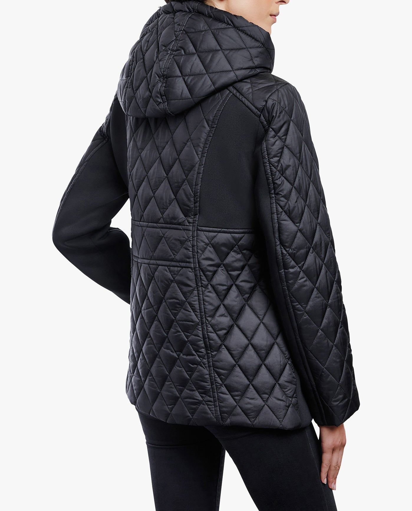 Back View of London Fog Zip Front Hooded Quilted Jacket | LF BLACK