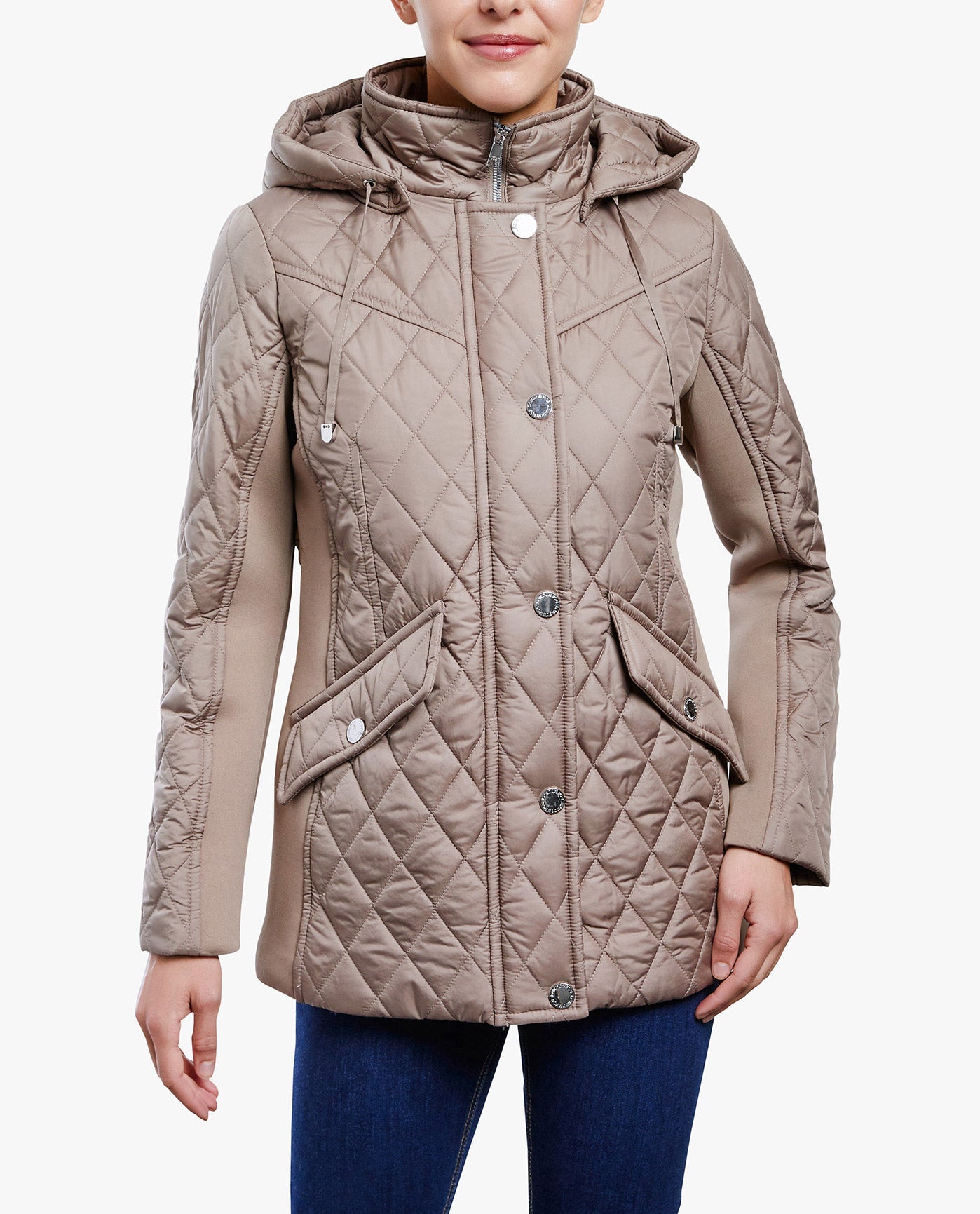 Front View of London Fog Zip Front Hooded Quilted Jacket | LF TRUFFLE