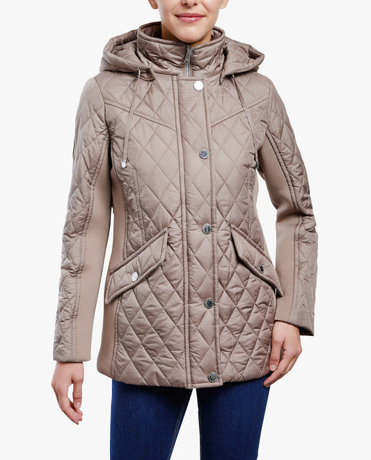 Front View of London Fog Zip Front Hooded Quilted Jacket | LF TRUFFLE