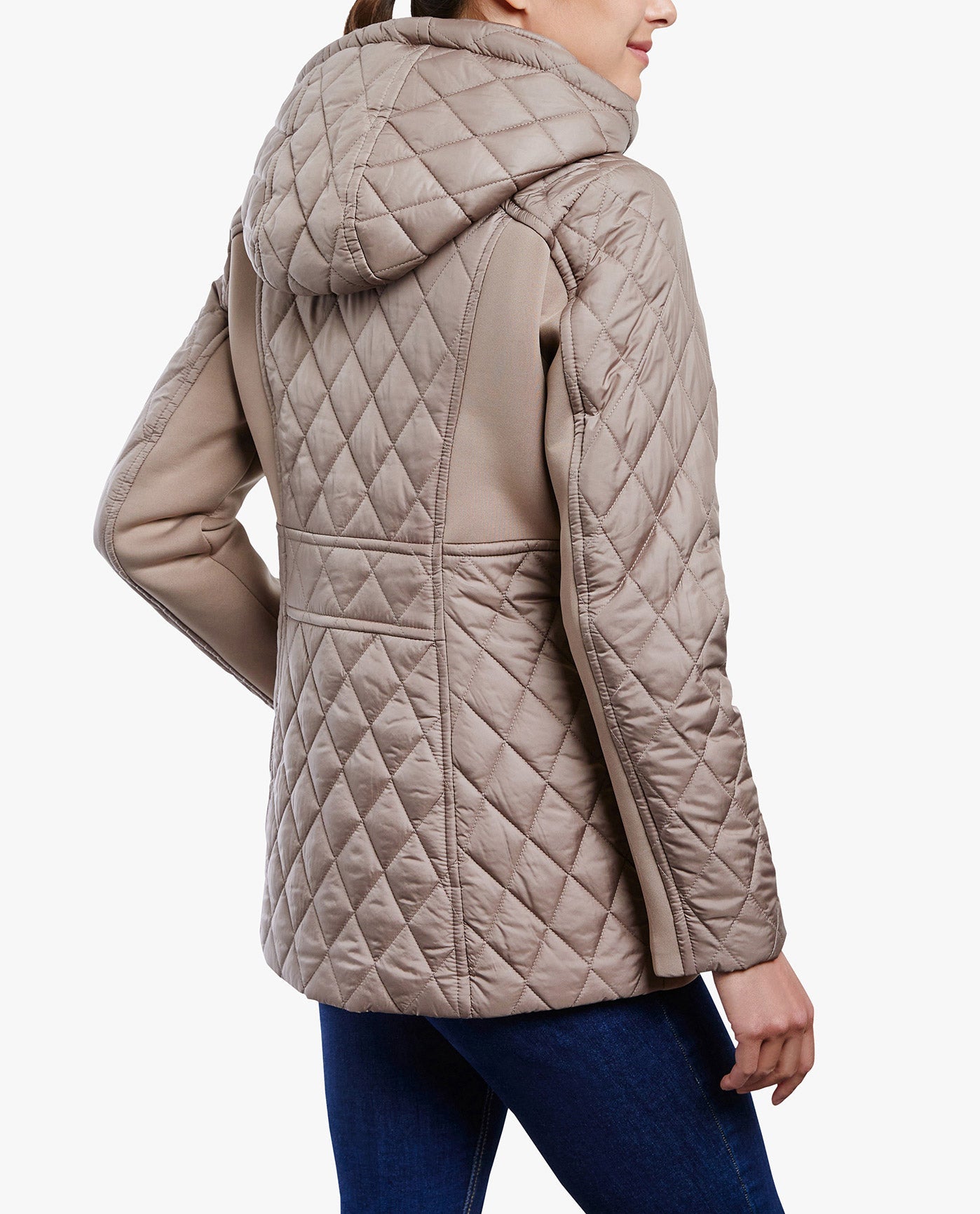 Back View of London Fog Zip Front Hooded Quilted Jacket | LF TRUFFLE