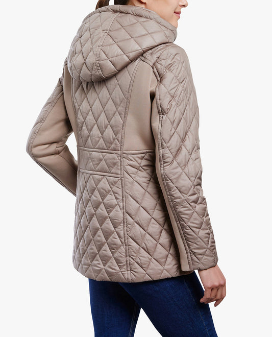 Back View of London Fog Zip Front Hooded Quilted Jacket | LF TRUFFLE