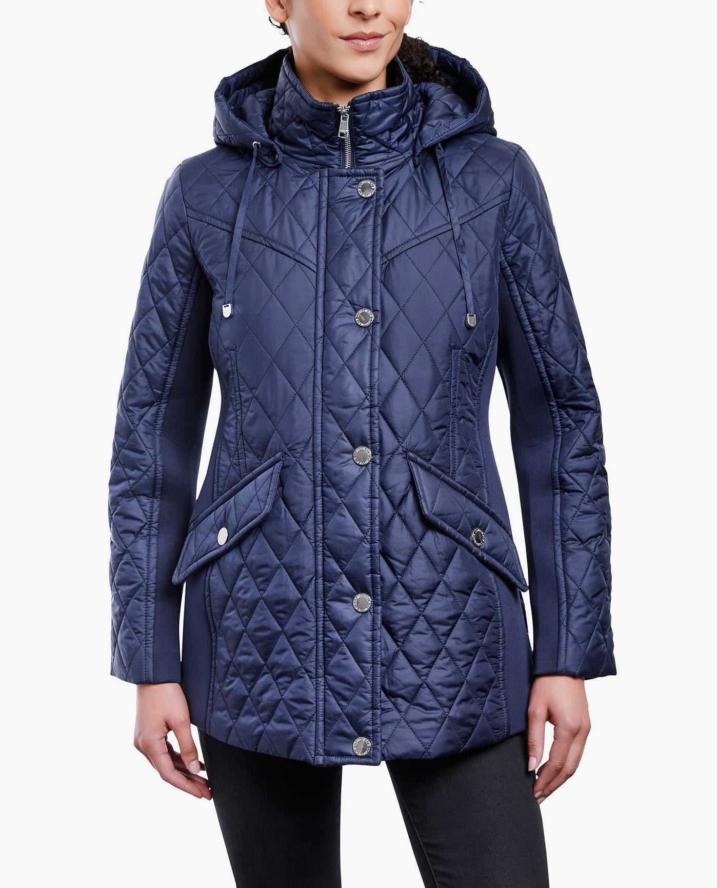 Front View of London Fog Zip Front Hooded Quilted Jacket | LF NAVY