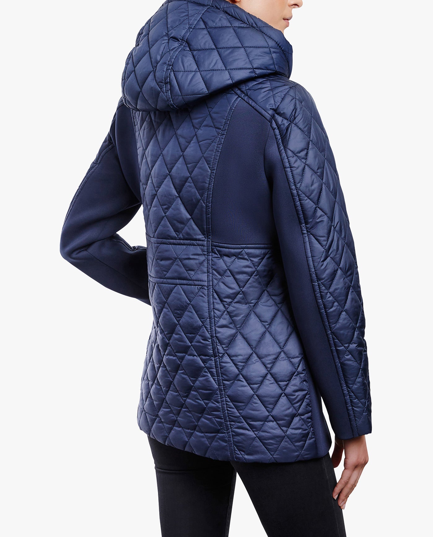 Back View of London Fog Zip Front Hooded Quilted Jacket | LF NAVY