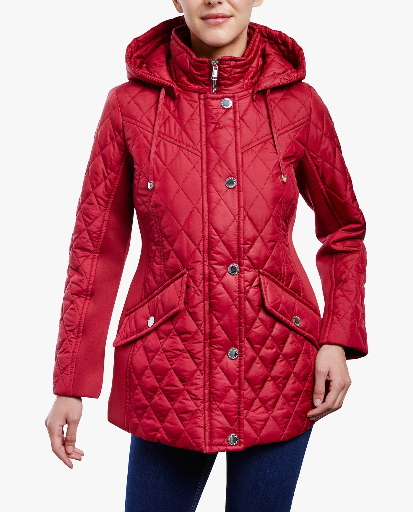 Front View of London Fog Zip Front Hooded Quilted Jacket | LF CHILI