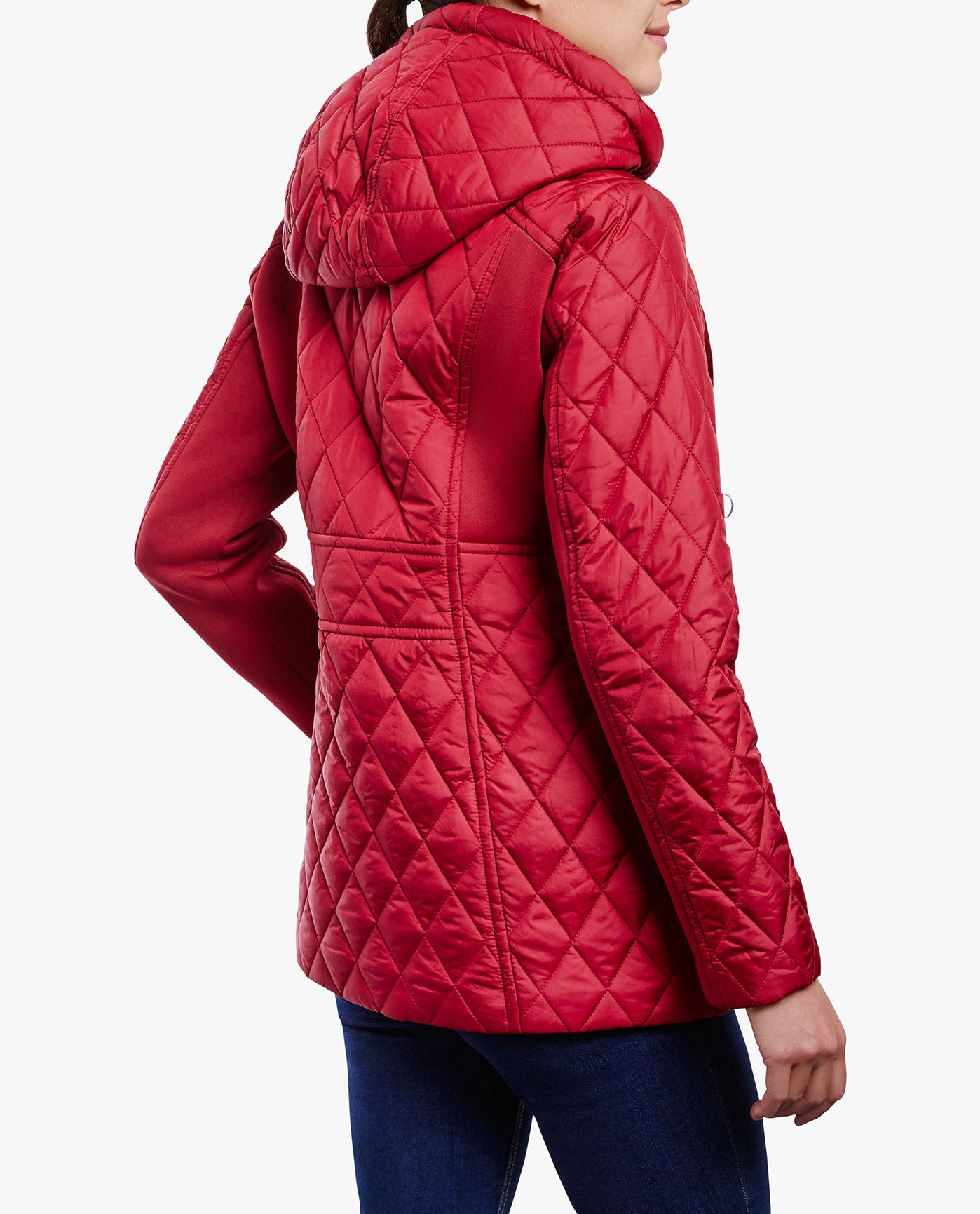Back View of London Fog Zip Front Hooded Quilted Jacket | LF CHILI