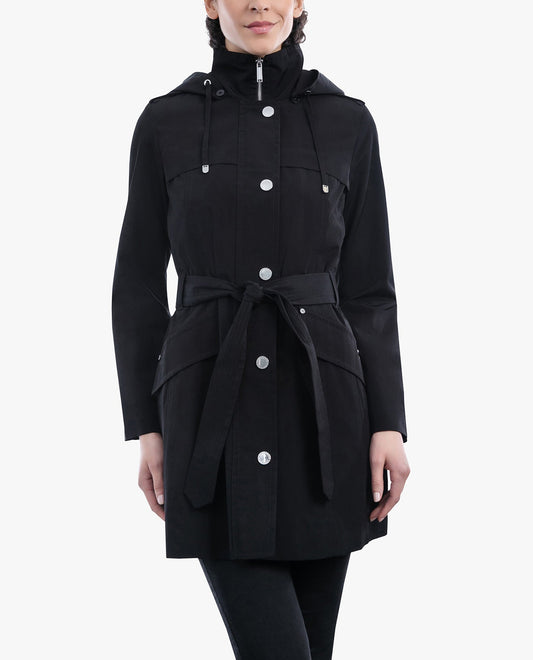 Front View of London Fog Zip Front Hooded Trench With Belt | LF BLACK