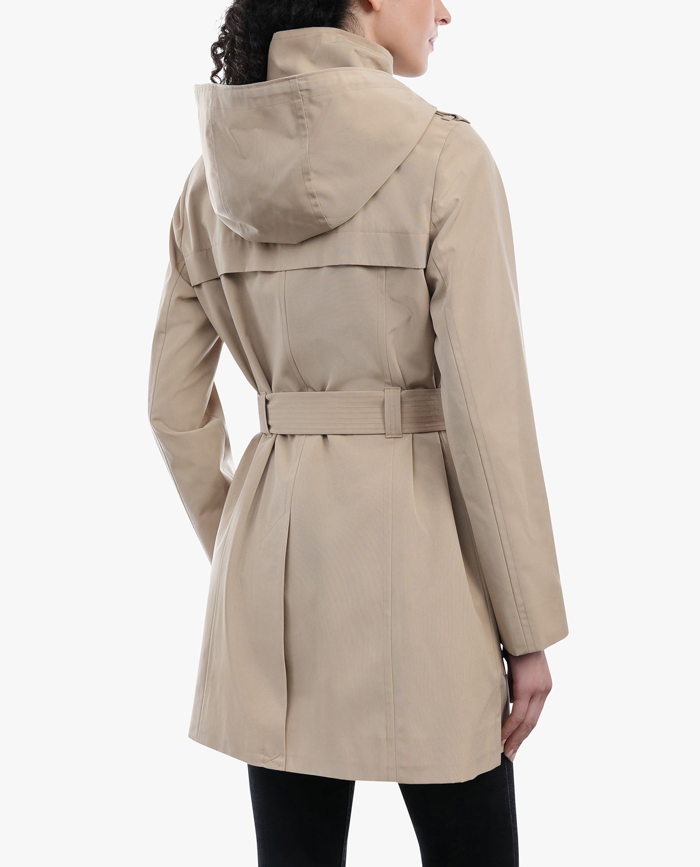 Back View of London Fog Zip Front Hooded Trench With Belt | LF BRITISH KHAKI
