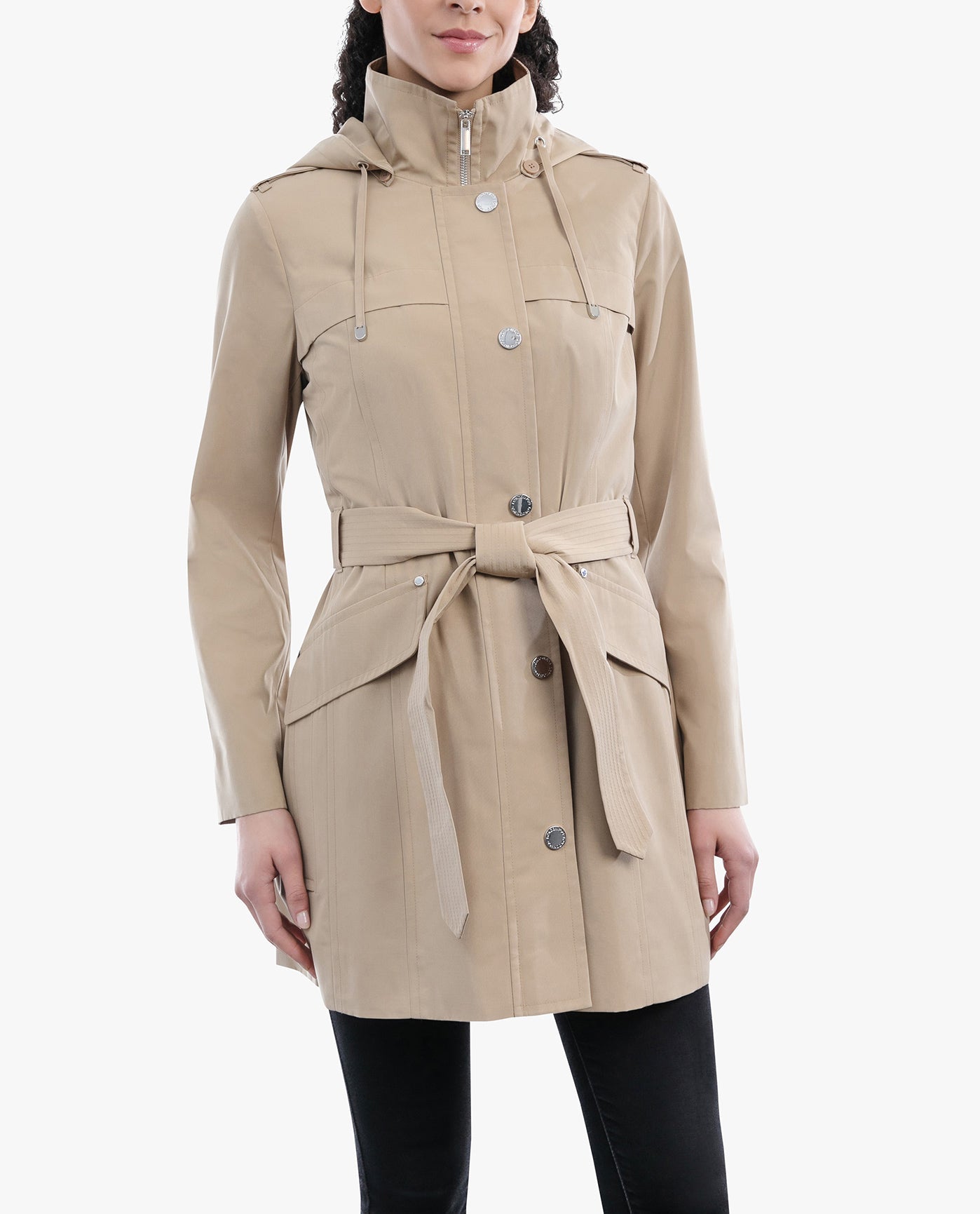 Front View of London Fog Zip Front Hooded Trench With Belt | LF BRITISH KHAKI
