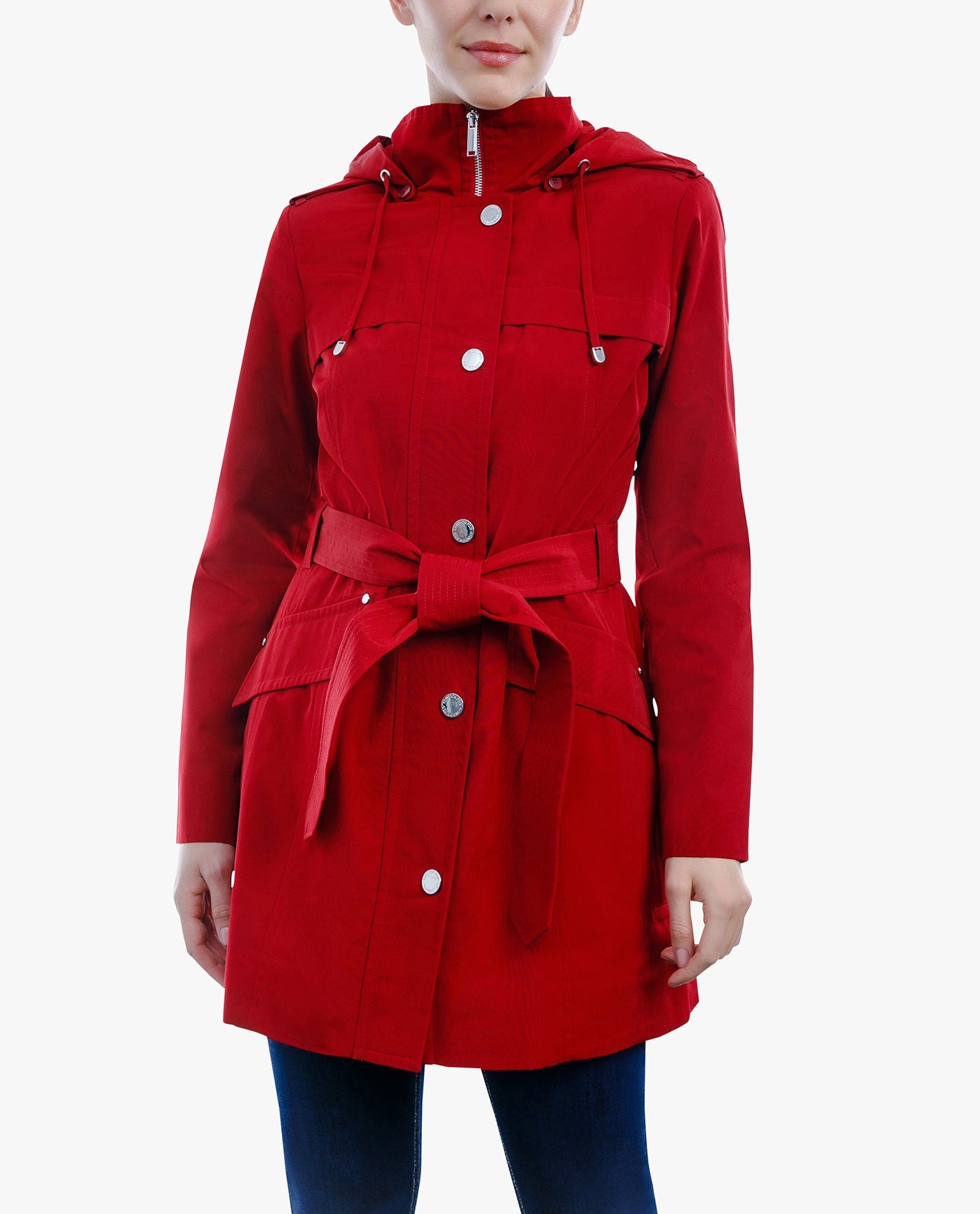 Front View of London Fog Zip Front Hooded Trench With Belt | LF CHILI