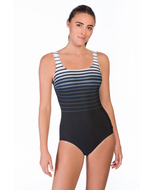 Front View of Reebok Silver Sea To Shining Sea Scoop Neck One Piece Swimsuit | REE SILVER