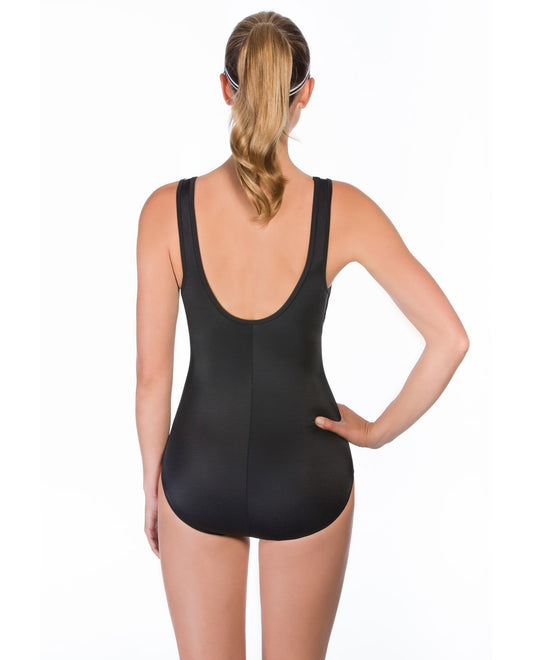 Back View of Reebok Set The Place Colorblock White High Neck One Piece Swimsuit | REE BLACK AND WHITE