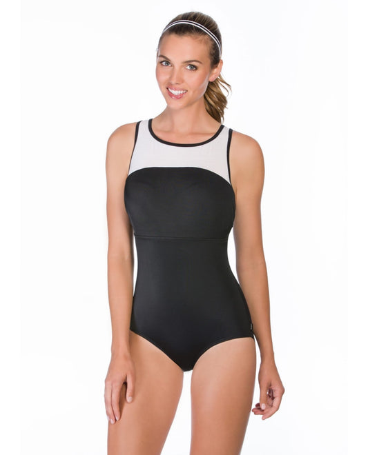 Front View of Reebok Set The Place Colorblock White High Neck One Piece Swimsuit | REE BLACK AND WHITE