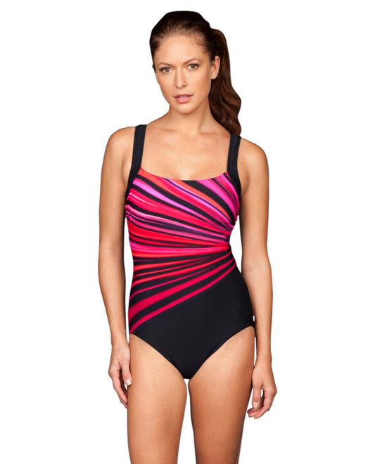 Front View of Reebok Vanishing Light Coral Scoop Neck One Piece Swimsuit | REE CORAL
