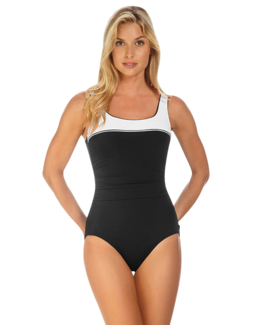 Front View of Reebok Sugarcoat White Scoop Neck One Piece Swimsuit | REE BLACK AND WHITE