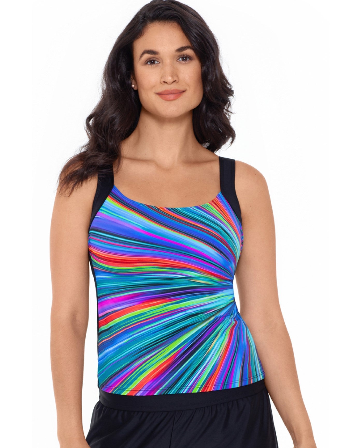 Front View of Reebok Chlorine Resistant Radiant Energy Scoop Neck Tankini Top |  REE RADIANT ENERGY