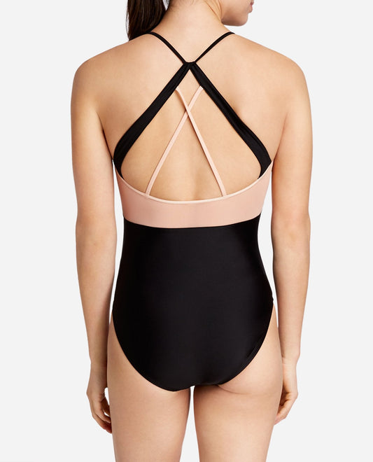 Back View Of Danskin Rich Black Strappy Halter Mesh Leotard | DSK RICH BLACK