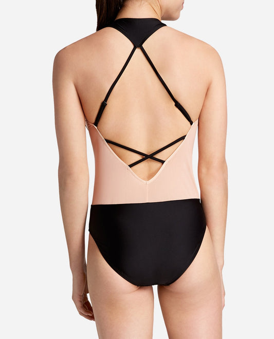 Back View Of Danskin Rich Black V-Neck Racerback Mesh Leotard | DSK RICH BLACK