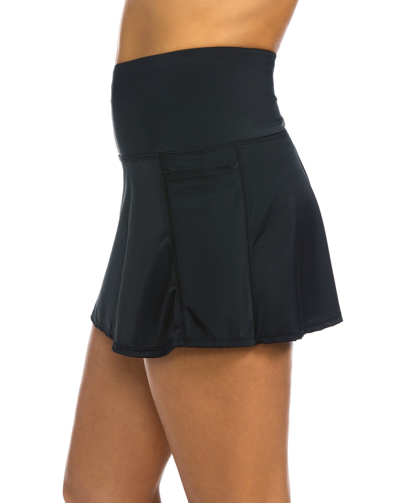 Side View of Active Spirit Black Chlorine Resistant Techkini High Waisted Swim Skirt With Pockets | ASP BLACK AND WHITE