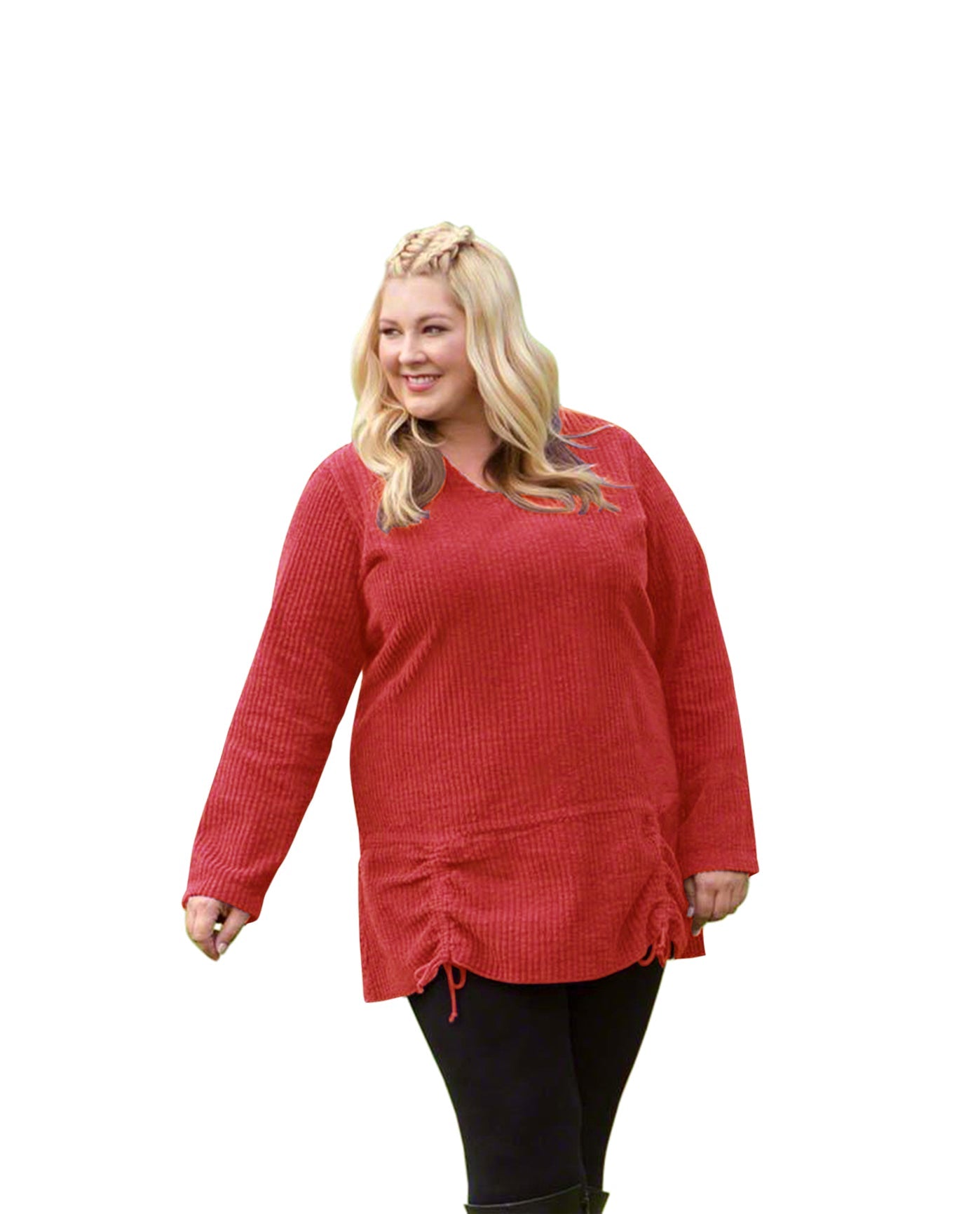 Front of Channel Islands Chenille Long Sleeve Rayanne Plus Size Pullover Sweater | SAFFR OTPS Saffron Red