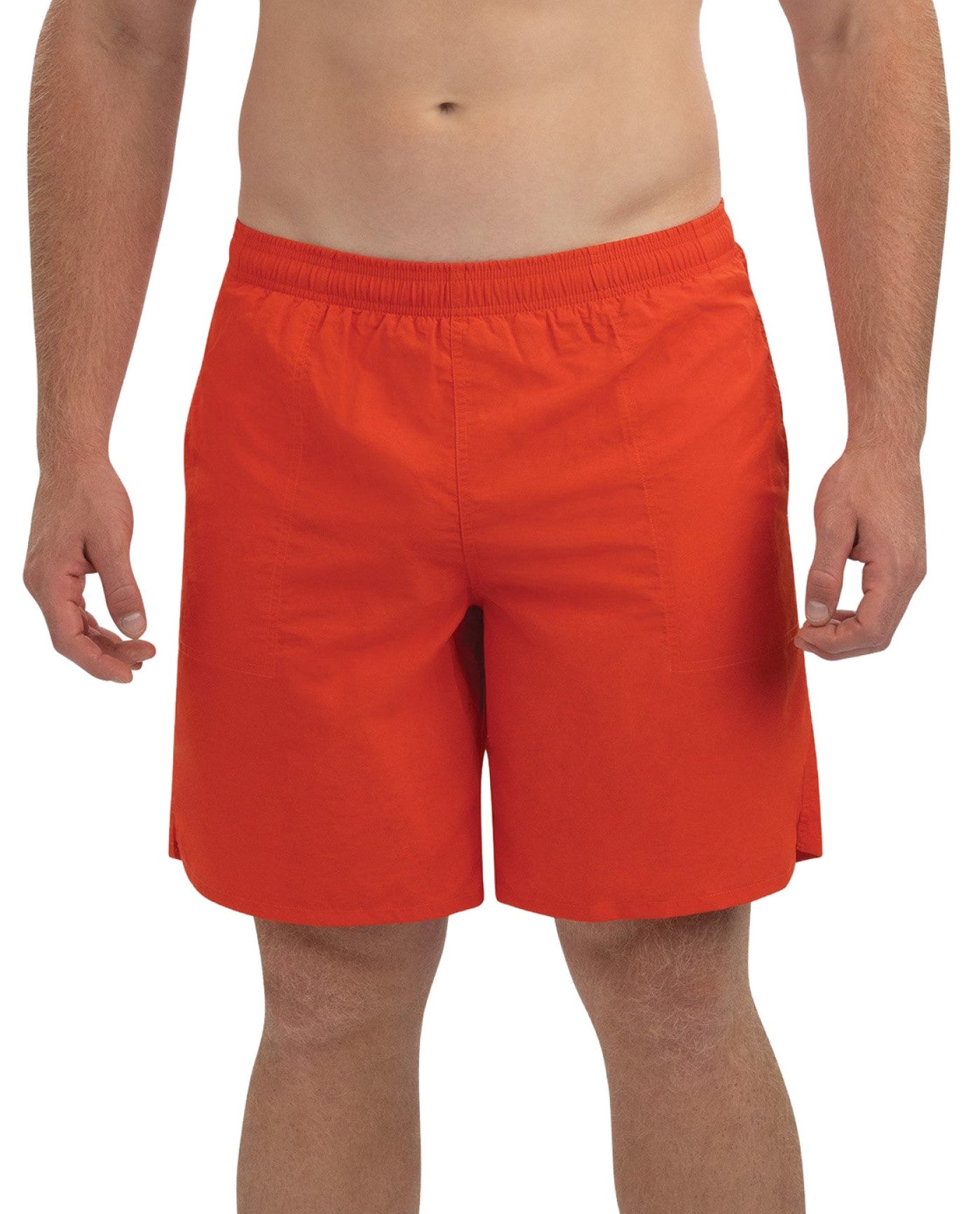 Front View of Dolfin Orange Solid Chlorine Resistant 9 Inch Mens Swim Trunks | DOL ORANGE
