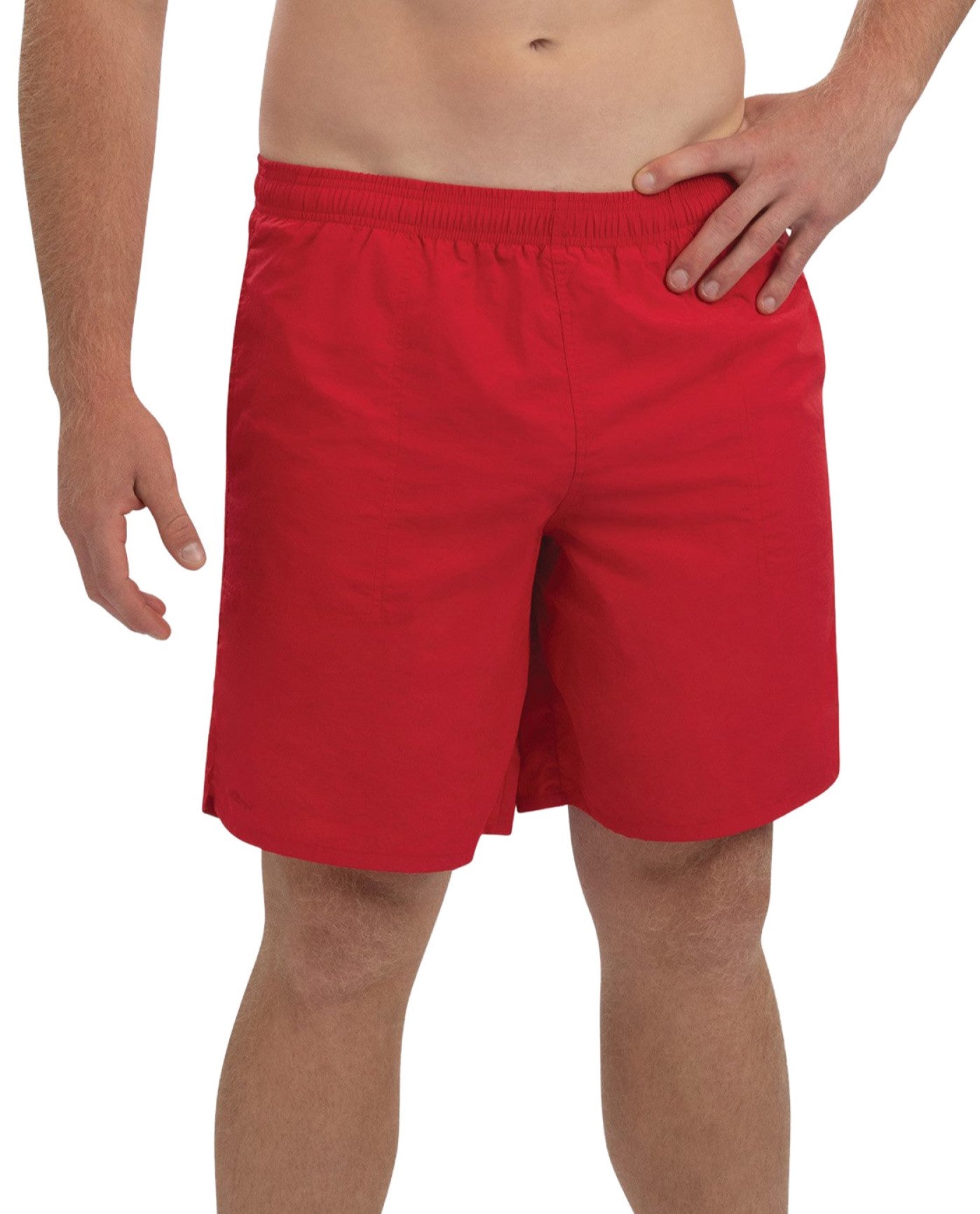 Front View of Dolfin Red Solid Chlorine Resistant 9 Inch Mens Swim Trunks | DOL RED