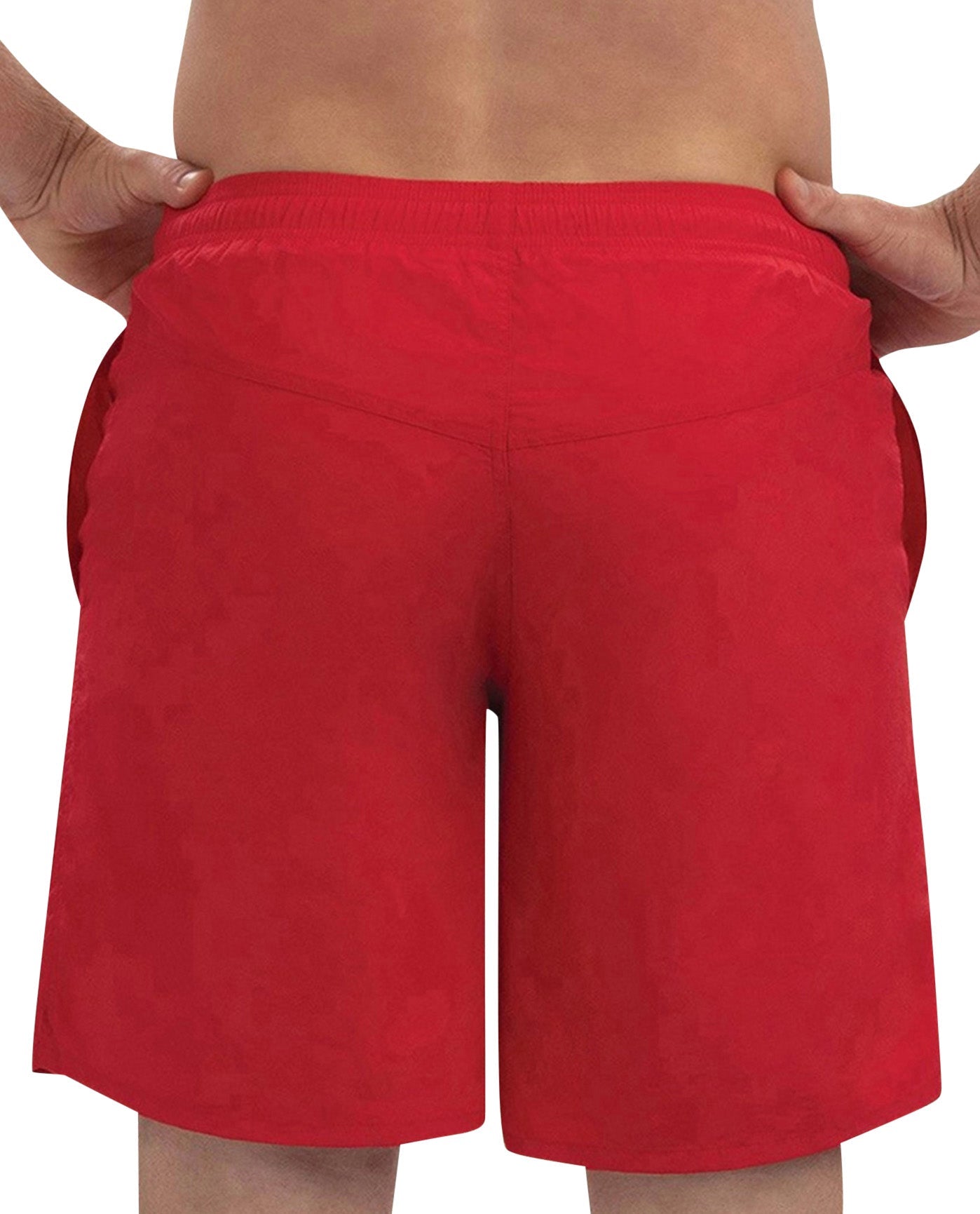 Back View of Dolfin Red Solid Chlorine Resistant 9 Inch Mens Swim Trunks | DOL RED