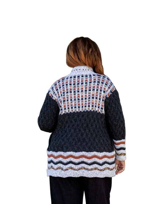 Back of Printed Long Sleeve Knitted Plus Size Sweater | CHARC OTPS Charcoal Vienna