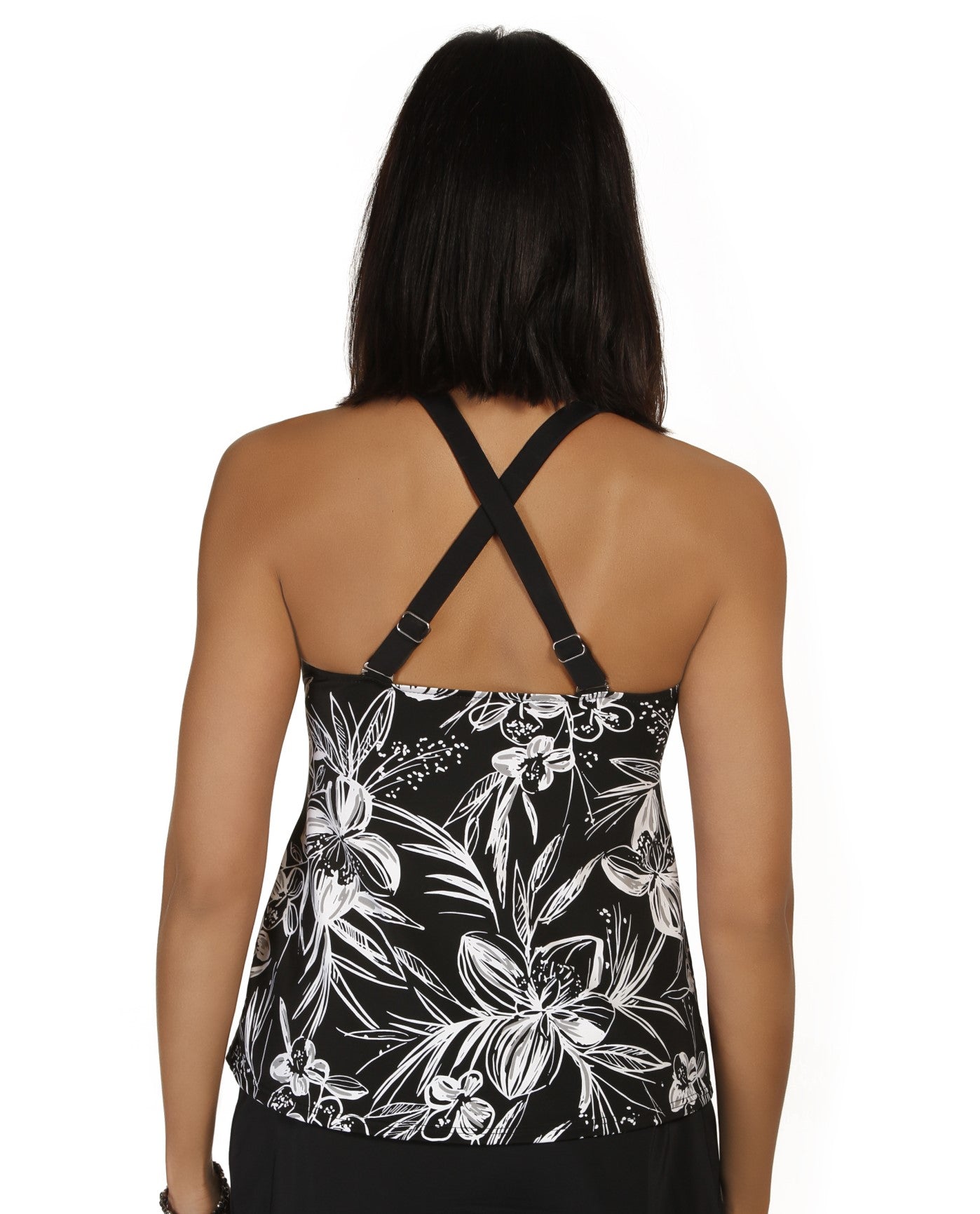 Back View of Caribbean Joe Peaceful Plumeria Framed Peasant Tankini Top | JOE BLACK AND WHITE