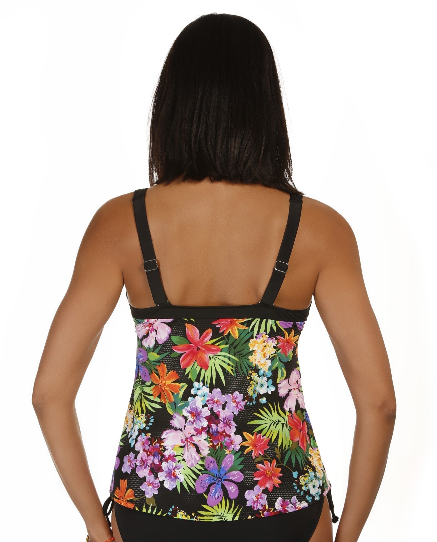 Back View of Caribbean Joe Sunkissed Tropical V-Neck Framed Surplice Tankini Top | JOE TROPICAL