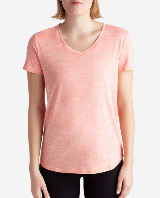 Front View of Danskin Light Grey And Coral 2-Pack Essential V-Neck Tee | DSK LIGHT GREY AND CORAL